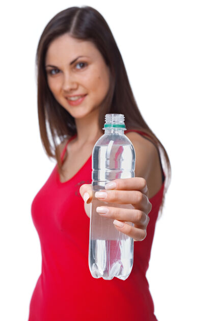 运动一个年轻女子的特写肖像一瓶水运动水人类