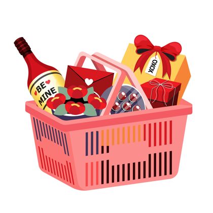 红色插图等距对象的购物篮在杂货店的情人节快乐卡或横幅装饰孤立的背景购物瓶子销售
