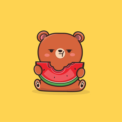 动物可爱的卡哇伊熊吃西瓜插画扁卡通吃