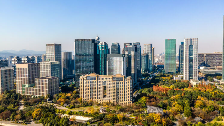 中国中国杭州现代城市建筑景观天际线航拍摩天大楼大都市市中心