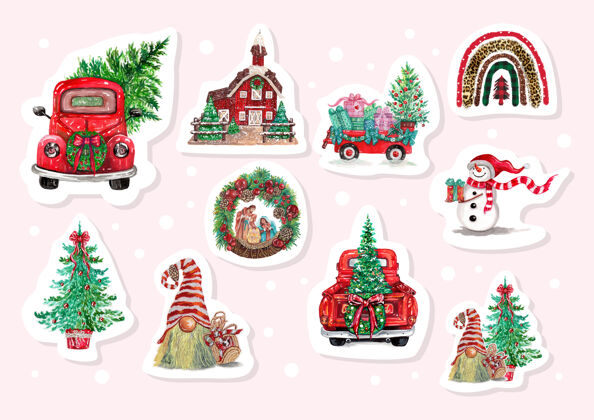 红色车水彩圣诞贴纸与卡车 树和圣诞节的元素雪人货车房子