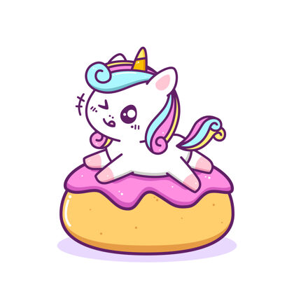 人物可爱快乐的独角兽在甜甜圈里玩卡瓦伊软蛋糕