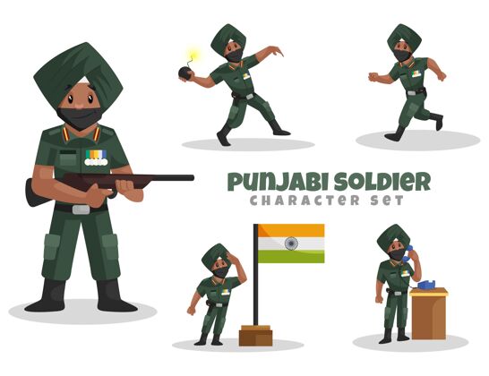 宗教旁遮普士兵角色集的矢量卡通插图卡通亚洲人士兵