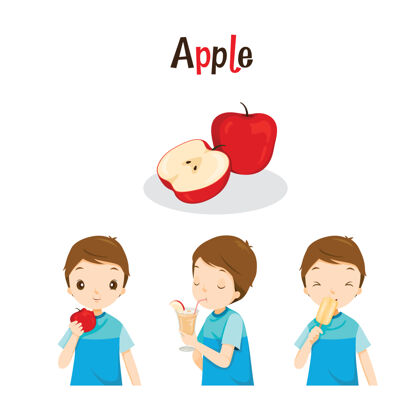 滑男孩用苹果水果 果汁 冰淇淋和字母 热带水果 健康饮食平板苹果卡通