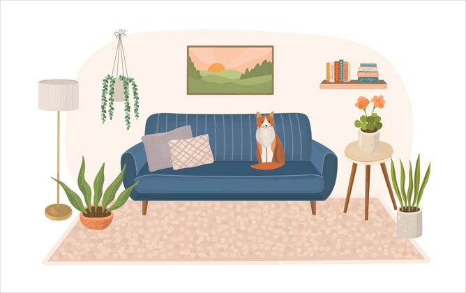 蓝色现代化的室内沙发和坐猫架子灯沙发