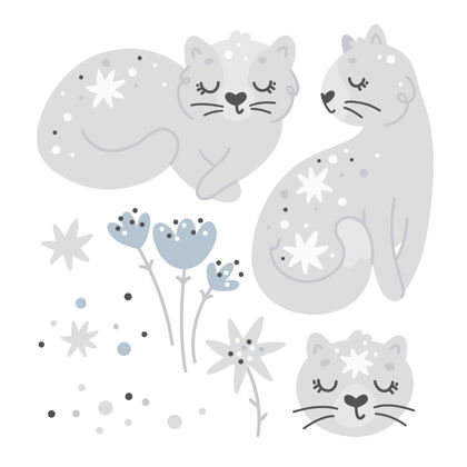 姿势猫和花套装 可爱的苗圃元素 儿童印花星光猫