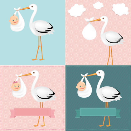 鸟鹳与婴儿设置梯度网格插图艺术品分娩鹳