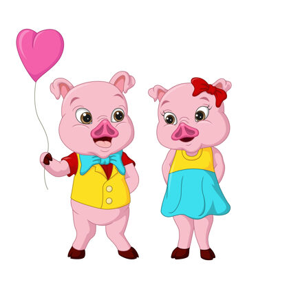 女孩可爱的小猪夫妇和气球心动物坠入爱河小猪