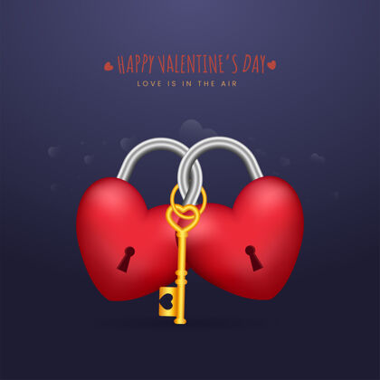 情人情人节快乐的概念与三维心形挂锁和金钥匙圣瓦伦丁节情侣爱