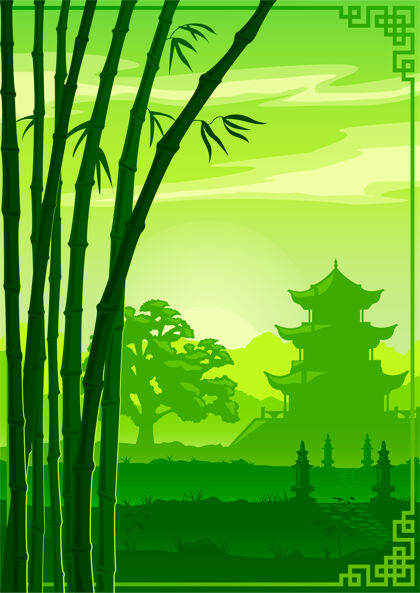 热带绿色背景 亚洲 中国寺庙和竹子树木古老树枝
