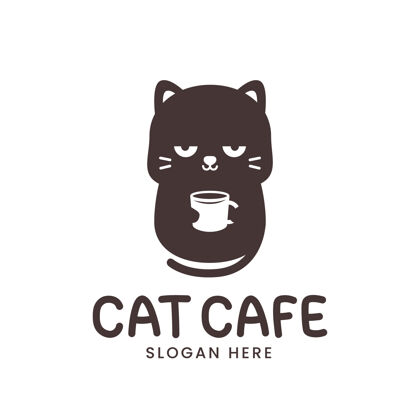 猫可爱的猫标志与咖啡杯隔离在白色宠物咖啡吉祥物