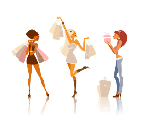 女人三个快乐的女人拿着很多购物袋衣服女孩女人