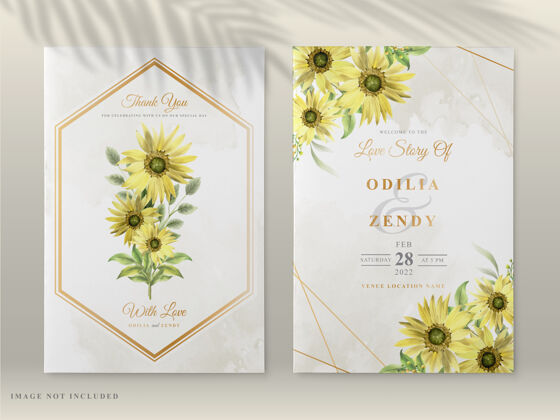 收集婚礼请柬与美丽的手绘向日葵卡片模板花朵