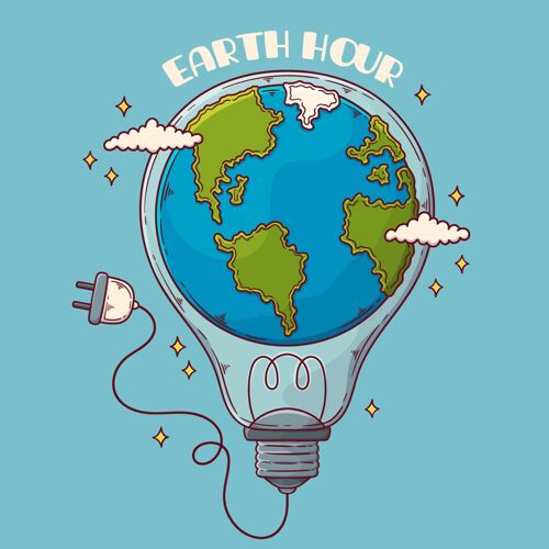 国际手绘地球一小时插图与行星和灯泡全球全球灯泡