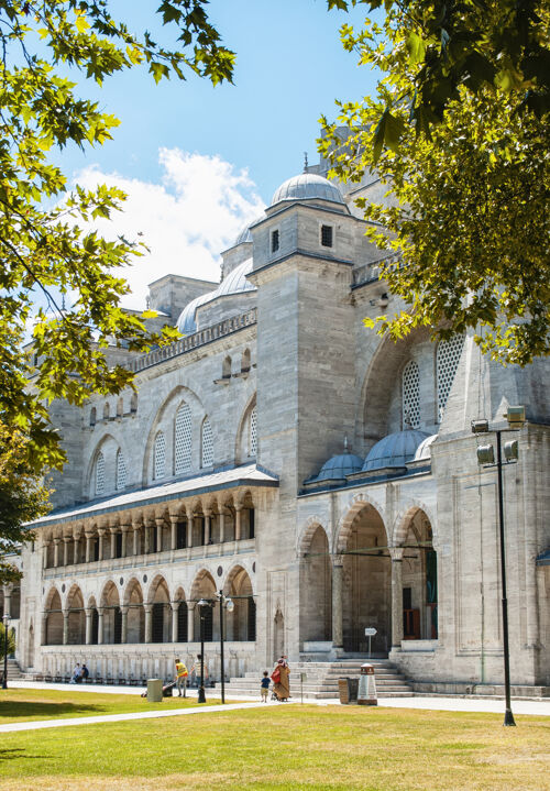 历史苏莱曼尼耶清真寺的背景是蓝天和黄叶建筑旅游旅游