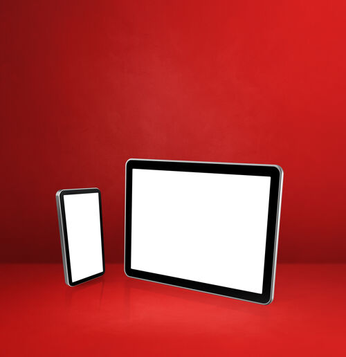 互联网红色办公桌上有手机和数字平板电脑3d网络电子