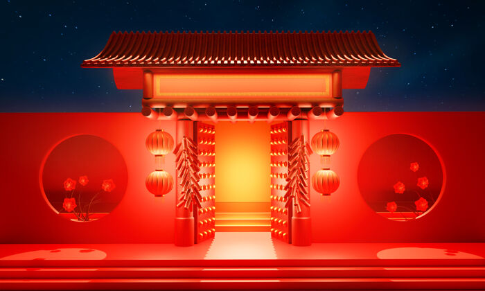 亚洲庙宇的大门是中国式的 门上装饰着红灯笼和鞭炮入口标志中国
