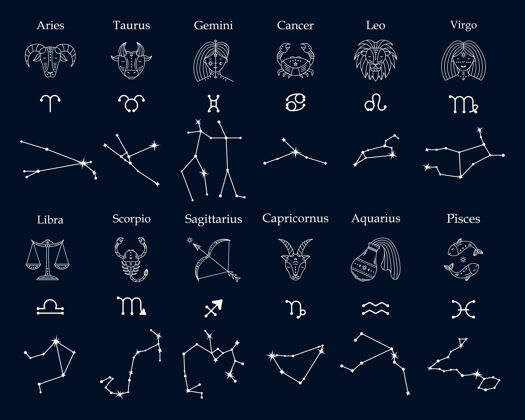 占星术黄道十二宫和星座的一组占星术符号插图巨蟹座星座摩羯座