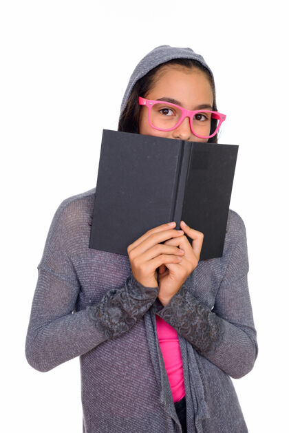 女士年轻漂亮的少女像书呆子一样戴着眼镜与白色空间隔离学生吸引力头发