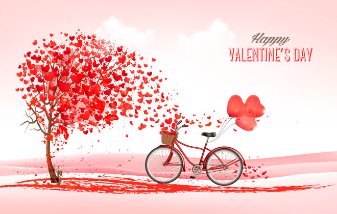 形状情人节背景是心形树和红色气球的自行车祝贺树婚礼