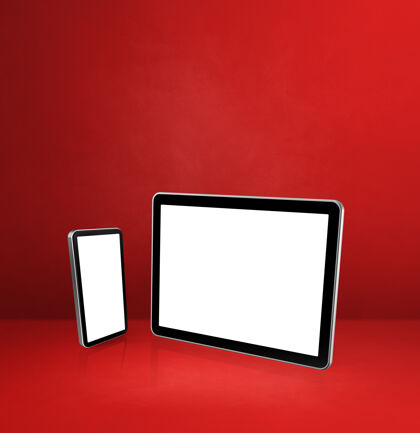 互联网红色办公桌上有手机和数字平板电脑3d网络电子