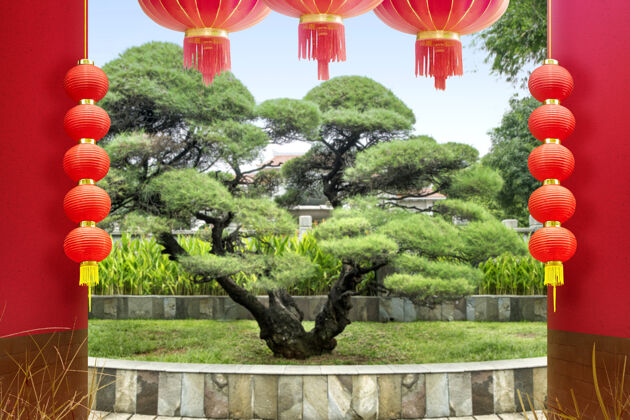 城镇花园和挂着灯笼的树路径中国古代