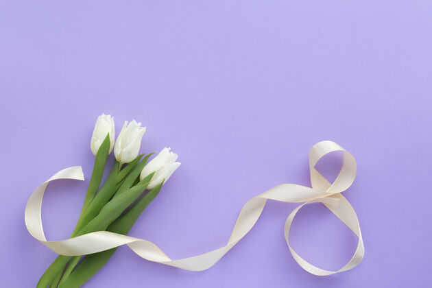 缎子一束白色郁金香和第八朵紫罗兰色缎带花缎带3月8日