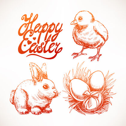绘画复活节素描集可爱的兔子插图春天元素符号