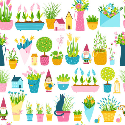植物简单手绘卡通中的弹簧无缝图案风格幼稚五颜六色的花园侏儒 房子 花盆和花瓶与花束花卉单位植物