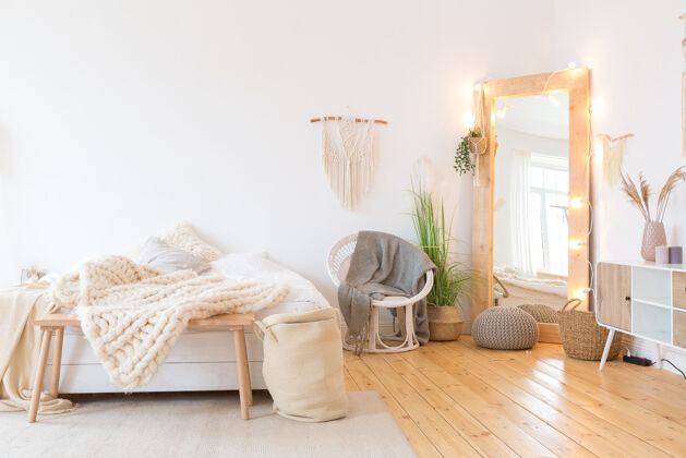 柔软可爱舒适的轻室内设计的公寓床卧室舒适