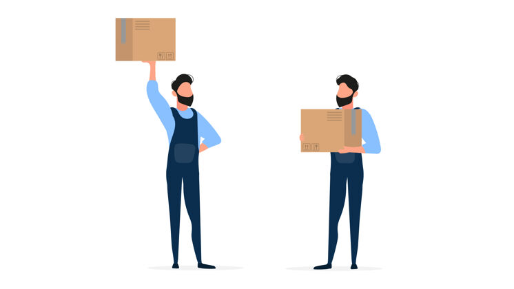 货物一套装料机一个穿着工作服的装料机拿着一个箱子盒子盒子拿着盒子的家伙手孤立的在白色背景上配送包装搬运工