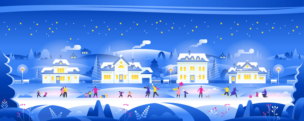 年雪夜与人们在舒适的小镇城市全景冬季小镇乡村景观在夜晚星星风景假日