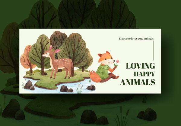 野生动物广告牌模板与快乐动物概念水彩插图漫画营销广告
