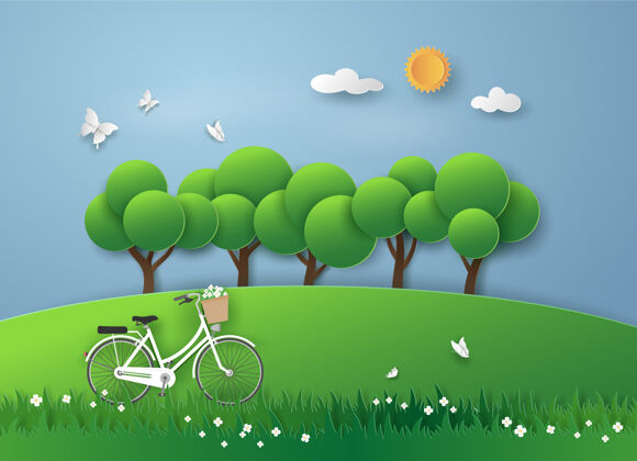 自然花园草地上的白色自行车 风景优美 空气清新草地公寓乡村