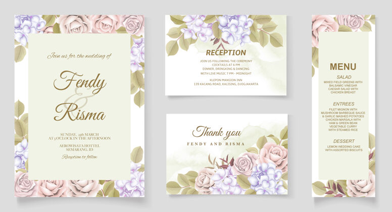 花卉优雅的手绘婚礼请柬花卉设计分支卡片菜单