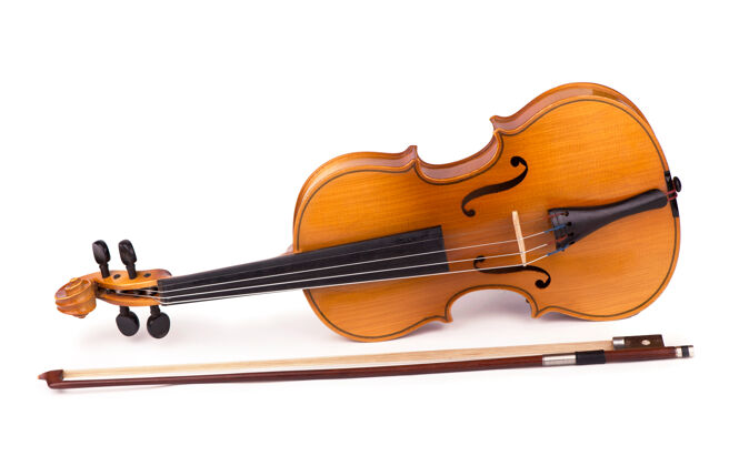 乐器白色背景上的小提琴和蝴蝶结弓弦乐背景