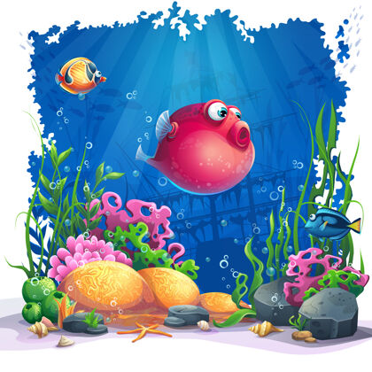 鱼海底世界与鱼插图海星水下泡泡