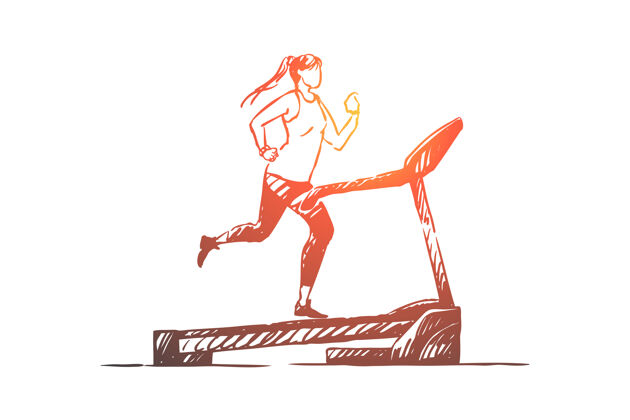素描女运动员在跑道上 年轻女子在使用训练器械运动使用健身房
