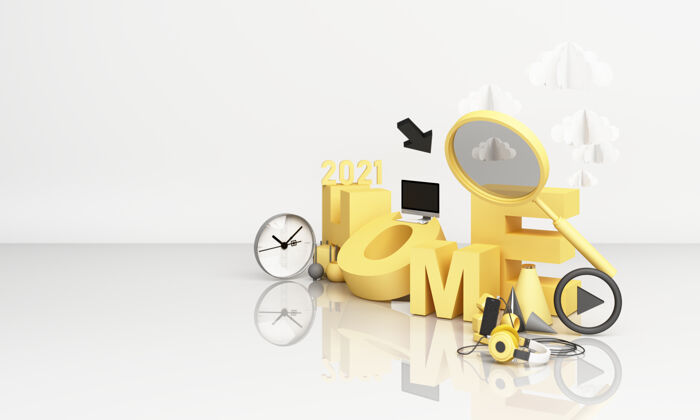 2021带放大的黄色主字体玻璃.on白色背景3d渲染商业营销放大镜