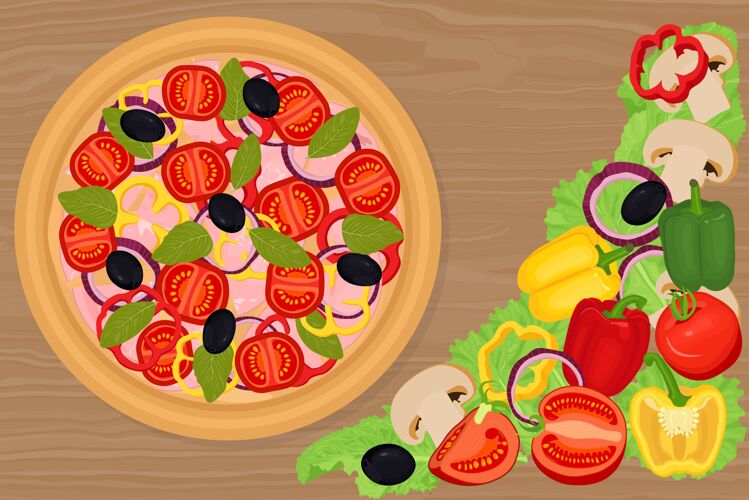 蔬菜蔬菜和披萨配番茄和意大利香肠橄榄膳食准备
