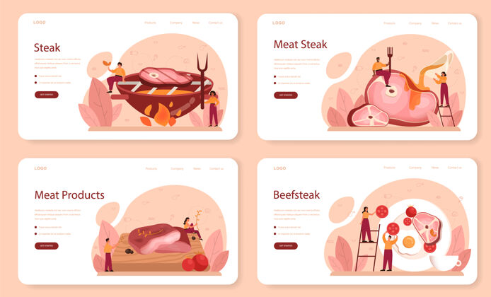 红色牛排网页横幅或登录页设置猪肉盘子烤肉