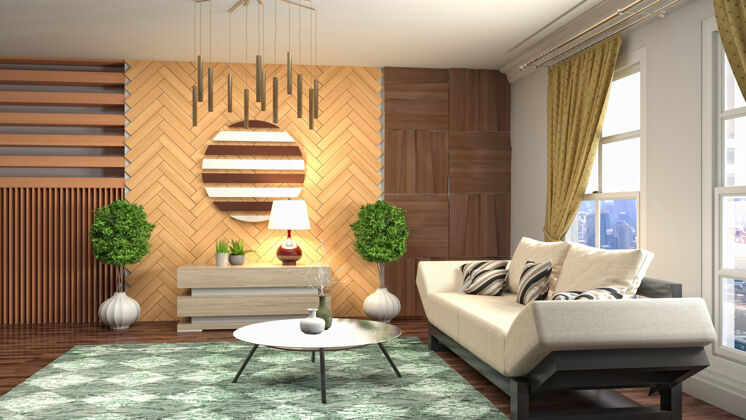 家具客厅内部的插图生活墙3d