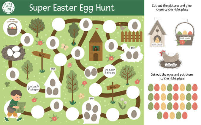 复活节复活节冒险彩蛋狩猎板游戏 为儿童与可爱的角色冒险巧克力活动