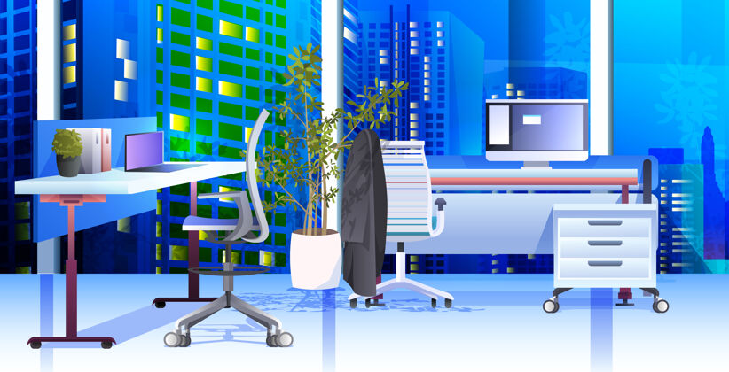 现代现代橱柜室内办公室 家具水平植物计算机演示