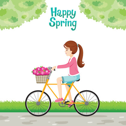 草骑自行车的女孩把花篮放在自行车前面春天交通篮子