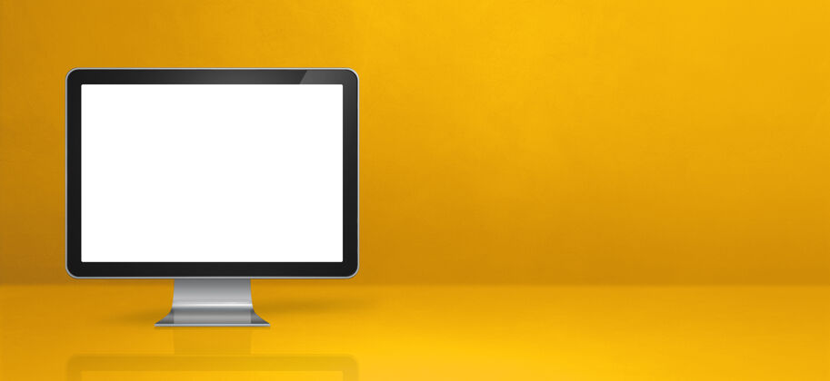 银色电脑-黄色办公桌横幅电子横幅个人计算机