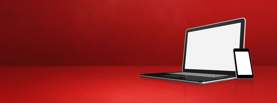 空白红色办公桌横幅上的笔记本电脑和空间互联网灯光