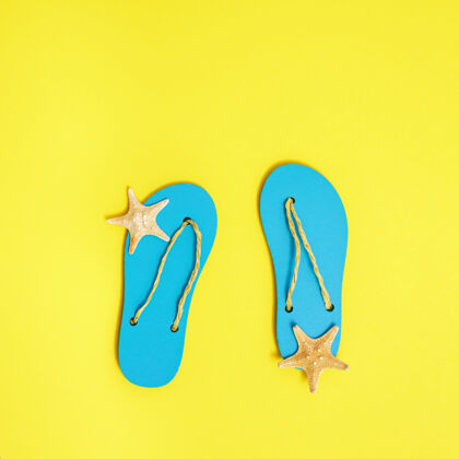 海星沙滩人字拖和亮黄色纸上的小海星凉鞋铺设商店