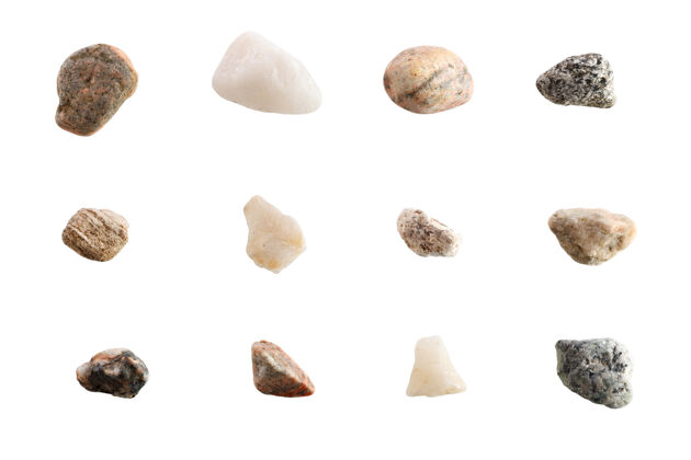 材料一套不同品种的石头隔离在白色的表面收集花岗岩细节