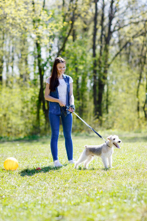 休闲在夏季公园牵着狗散步的女孩训练在一起女孩